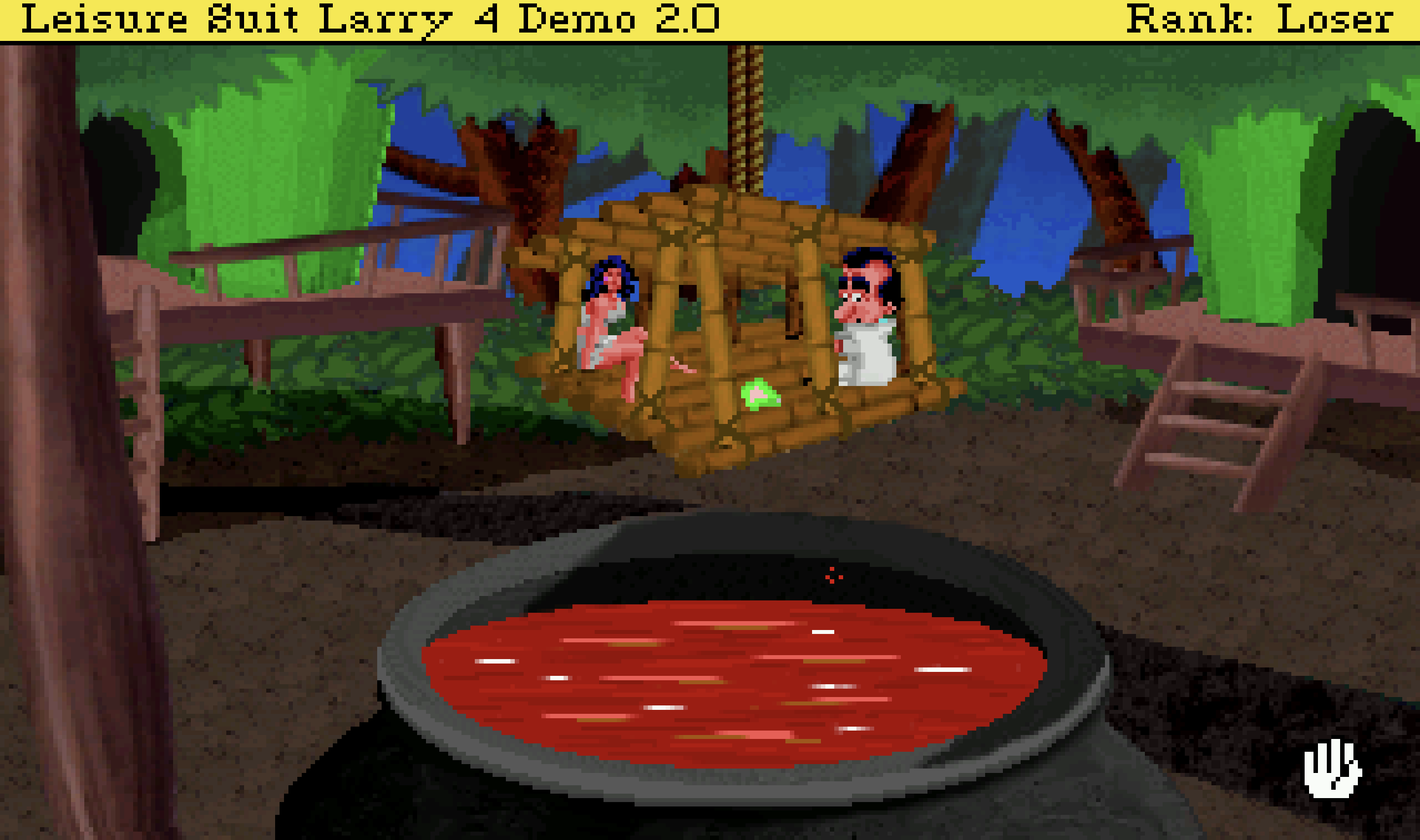 Larry and Patti tied up in a jungle cage with text about being captured by Amazonian cannibals
